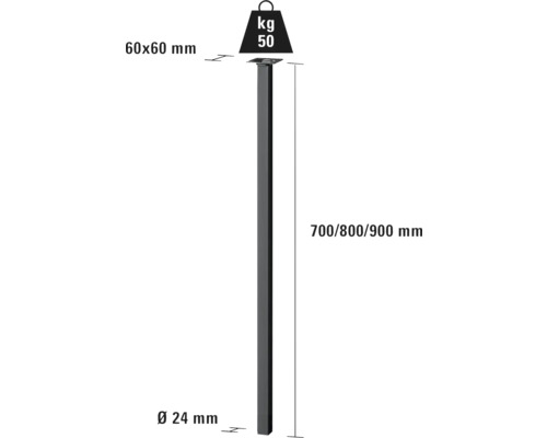 Pfosten mit den Maßen 60 x 60 Millimeter, 700/800/900 Millimeter hoch und 24 Millimeter im Durchmesser, maximale Belastung 50 Kilogramm