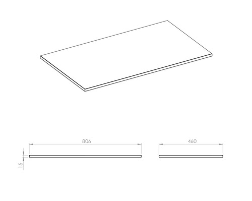 Zeichnung einer Arbeitsplatte mit den Maßen 806 x 460 x 15 Millimeter.