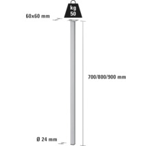 Technische Zeichnung eines Tischbeins mit den Maßen 60 x 60 Millimeter und einer Höhe von 700, 800 oder 900 Millimeter. Das Tischbein hat einen Durchmesser von 24 Millimeter und kann mit bis zu 50 Kilogramm belastet werden.