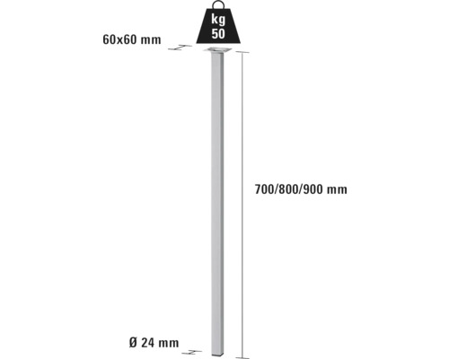 Technische Zeichnung eines Tischbeins mit den Maßen 60 x 60 Millimeter und einer Höhe von 700, 800 oder 900 Millimeter. Das Tischbein hat einen Durchmesser von 24 Millimeter und kann mit bis zu 50 Kilogramm belastet werden.