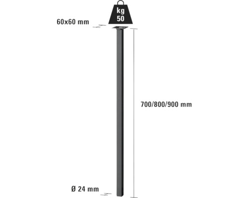 Zeichnung eines Zaunpfostens mit den Maßen 60 x 60 mm und einer Länge von 700, 800 oder 900 mm