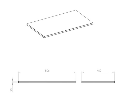 Technische Zeichnung einer Platte mit den Maßen 806 x 460 x 20 Millimeter.