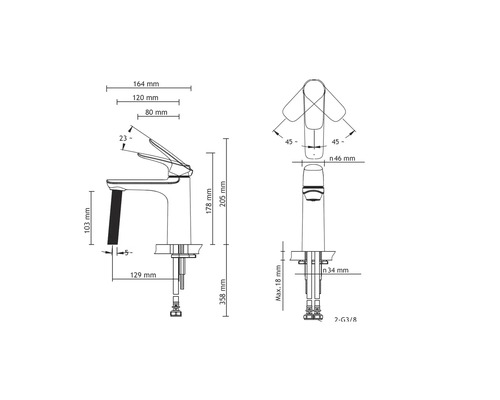Technische Zeichnung eines Wasserhahns mit Maßangaben