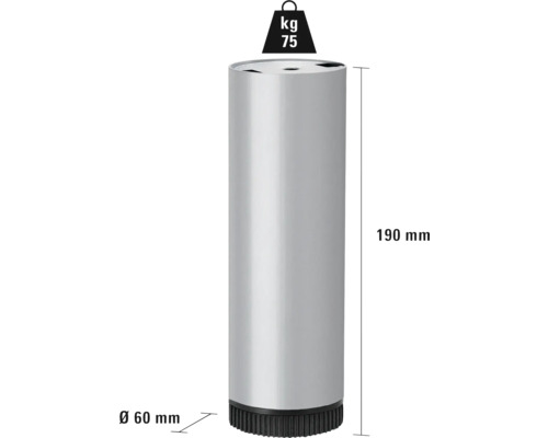 Möbelfuß aus Metall mit einer Traglast von 75 Kilogramm und den Maßen 60 mal 190 Millimeter.