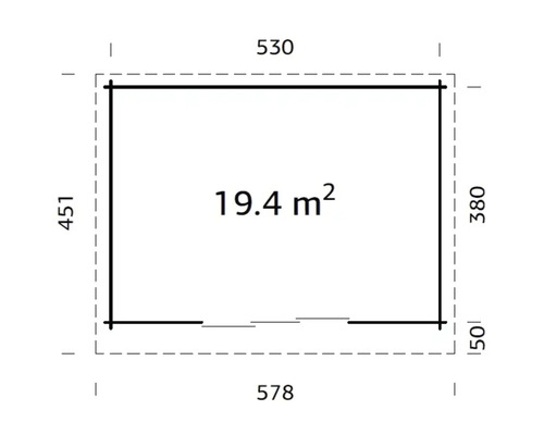 Grundriss mit Flächenangabe von 19.4 Quadratmeter und Maßangaben in Zentimeter