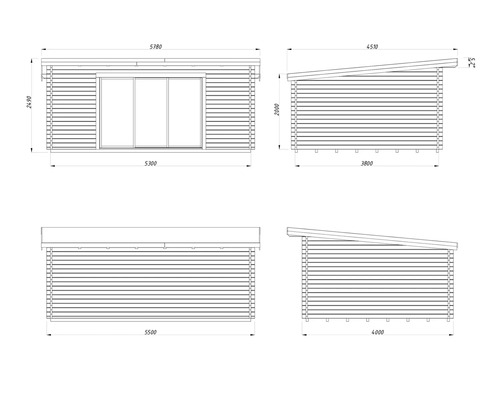 Technische Zeichnung eines Gartenhauses mit Maßangaben