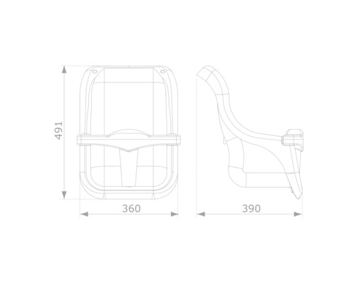 Technische Zeichnung eines Toilettensitzes mit den Maßen 491, 360 und 390