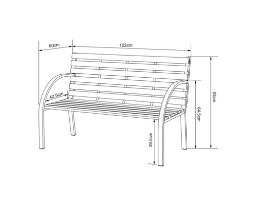 Technische Zeichnung einer Gartenbank mit Maßangaben