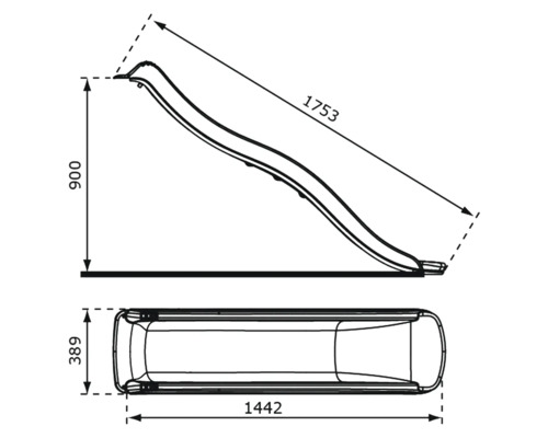 Technische Zeichnung einer Kinderrutsche mit Maßangaben