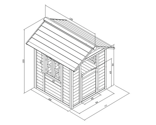 Technische Zeichnung eines Spielhauses mit Maßangaben.