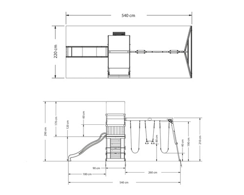 Maßzeichnung eines Spielplatzes mit Rutsche und Schaukel