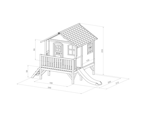 Technische Zeichnung eines Spielhauses mit Rutsche und Maßen