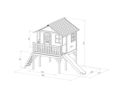 Dimensionszeichnung eines Spielhauses aus Holz mit Rutsche