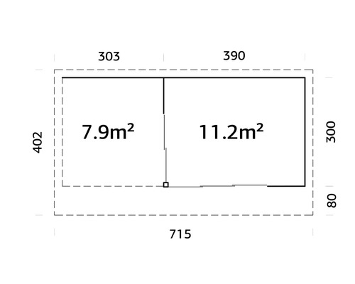 Grundriss mit den Maßen 303, 390, 402, 300, 80 und 715 sowie den Flächenangaben 7,9 Quadratmeter und 11,2 Quadratmeter