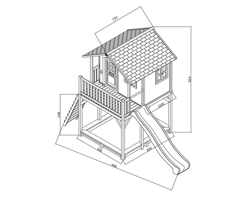 Technische Zeichnung eines Spielhauses mit Rutsche und Leiter mit Größenangaben