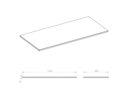 Arbeitsplatte mit den Maßen 1610 x 460 x 15 Millimeter.
