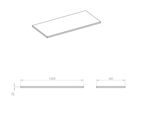 Technische Zeichnung einer Arbeitsplatte mit den Maßen 1008 x 460 x 20 mm