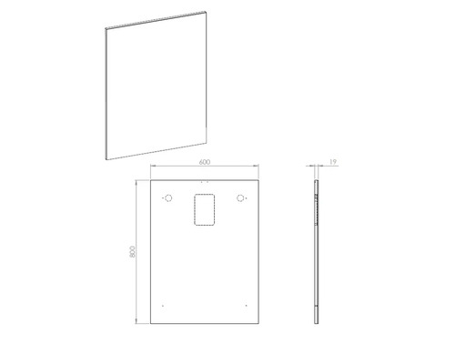 Technische Zeichnung einer Badewannenverkleidung mit den Maßen 600 x 800 x 19 mm.