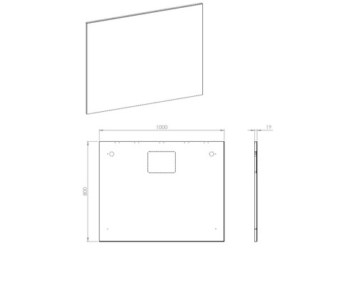 Technische Zeichnung eines Spiegels mit Maßangaben.