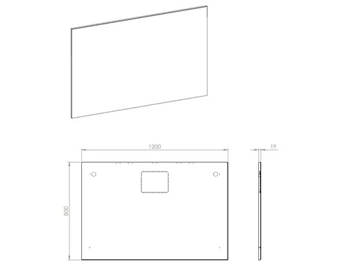 Technische Zeichnung eines Spiegels mit den Maßen 1200 x 800 x 19 Millimeter.