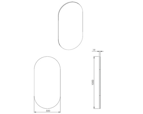 Technische Zeichnung eines Spiegels mit Abmessungen