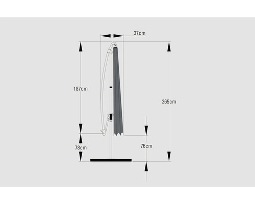 Technische Zeichnung eines Sonnenschirms mit Maßangaben