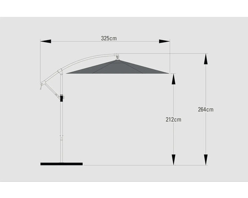 Technische Zeichnung eines Sonnenschirms mit den Maßen 325 cm Breite und 264 cm Höhe.