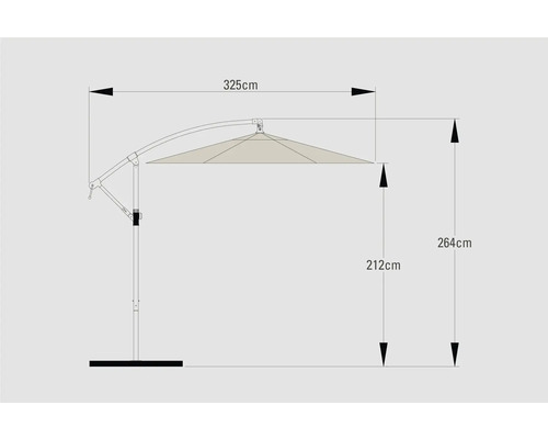 Maße eines Sonnenschirms: 325 Zentimeter breit, 264 Zentimeter hoch und 212 Zentimeter Ständerhöhe