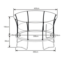 Zeichnung eines Trampolins mit Sicherheitsnetz und Maßangaben