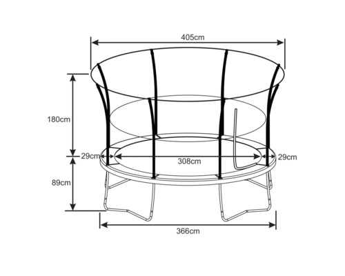 Zeichnung eines Trampolins mit Sicherheitsnetz und Maßangaben