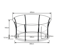 Technische Zeichnung eines Trampolins mit Höhen- und Durchmesserangaben