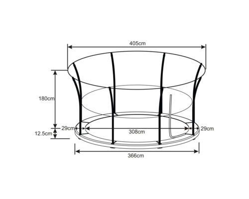 Technische Zeichnung eines Trampolins mit Höhen- und Durchmesserangaben