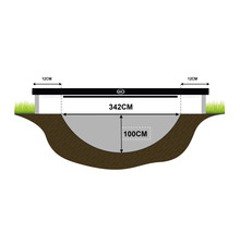 Illustration eines Bodentrampolins mit den Maßen 342 cm Länge, 100 cm Tiefe und 12 cm Randabstand.