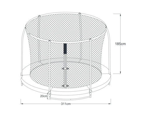 Skizze eines runden Gartentrampolins mit Sicherheitsnetz und Leiter, Abmessungen 311 mal 185 Zentimeter