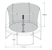 Zeichnung eines runden Gartentrampolins mit Sicherheitsnetz und den Maßen 311 cm mal 185 cm