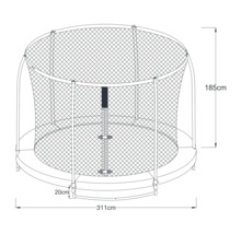 Zeichnung eines runden Gartentrampolins mit Sicherheitsnetz und Leiter, die die Abmessungen zeigt