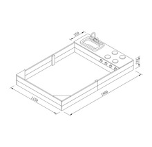 Technische Zeichnung einer Spielküche mit Spüle und Kochfeld mit den Maßen 1800 x 1150 x 350 x 218 Millimeter.