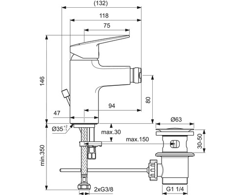Maßzeichnung Waschtischarmatur mit Ablaufgarnitur