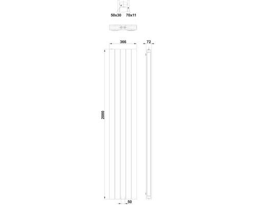 Maßzeichnung Heizkörper mit den Angaben: 2000 mm Höhe, 366 mm Breite, 72 mm Tiefe.