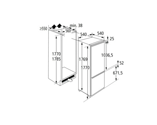Maßzeichnung eines Kühlschranks mit detaillierten Abmessungen