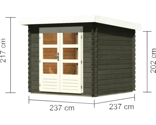 Gartenhaus aus Holz mit Doppeltür und den Maßen 237 x 237 x 217 cm