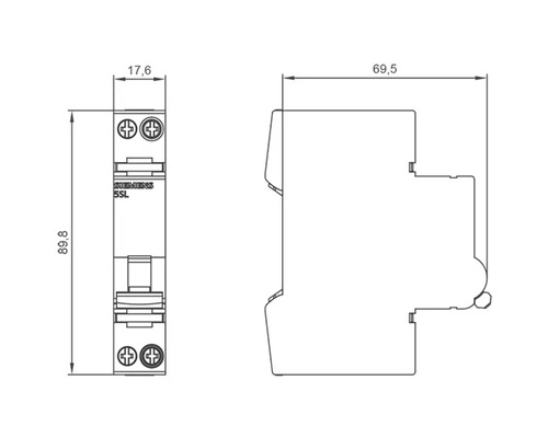 Technische Zeichnung eines Leitungsschutzschalters mit Maßangaben