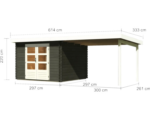 Abbildung eines Gartenhauses aus Holz mit den Maßangaben