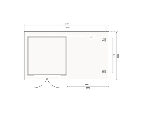 Grundrisszeichnung eines Gartenhauses mit Maßangaben