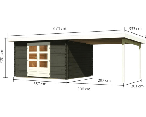 Abmessungen eines Gartenhauses mit überdachtem Anbau