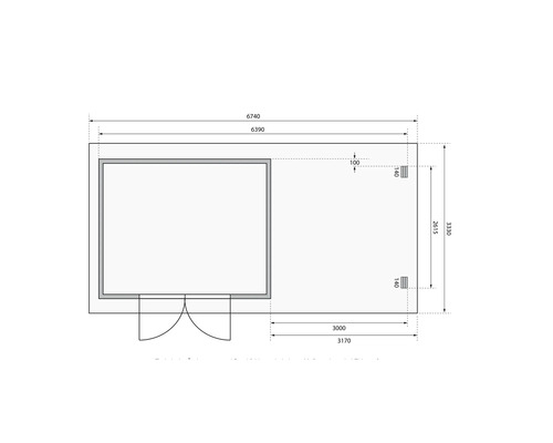 Grundrisszeichnung eines Gartenhauses mit Maßangaben