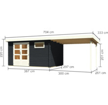 Abbildung eines Gartenhauses mit Carport und Maßangaben in Zentimetern