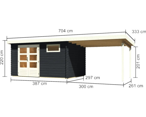 Abbildung eines Gartenhauses mit Carport und Maßangaben in Zentimetern