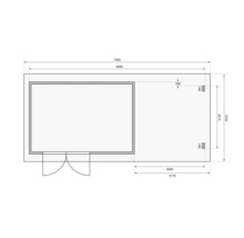 Grundrisszeichnung eines Gartenhauses mit Maßangaben