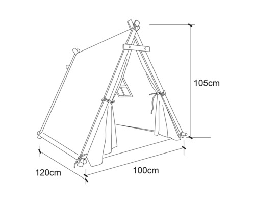 Illustration eines Kinderspielzelts mit den Maßen 120 cm x 100 cm x 105 cm.